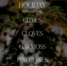 Load image into Gallery viewer, HOLIDAY 11 oz Soy Candle - Citrus, Cloves, Oakmoss, Pinecones - Green + Lovely