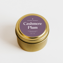 Load image into Gallery viewer, Cashmere Plum Soy Candle - 4oz Gold Travel Tin Stockings
