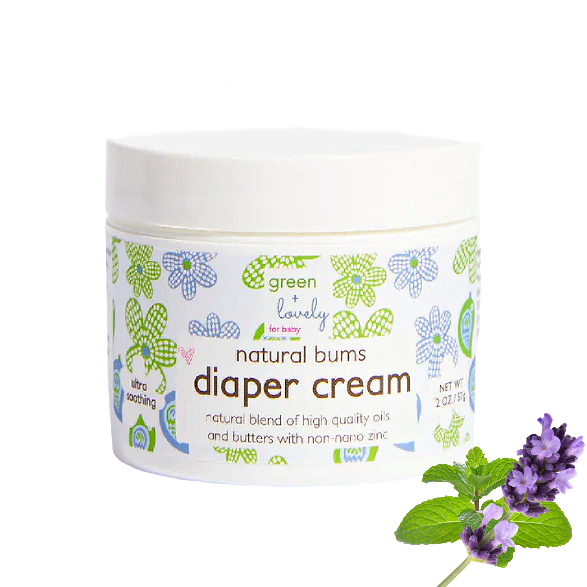 Natural Bums Diaper Rash Cream - Effective Natural Diaper Cream - 2 oz. - Green + Lovely