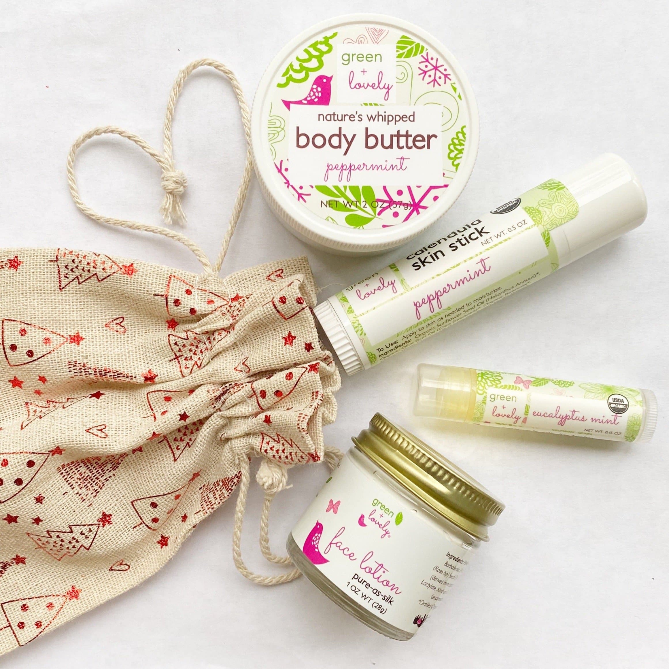 Holiday Skin Care Set - Printed Muslin Bag - Green + Lovely